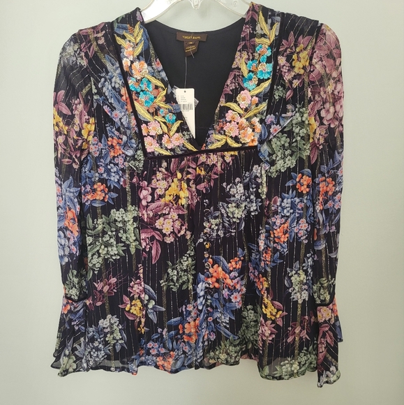 Anthro | Vineet Bahl Vivieene Metallic Blouse Floral Embroidered Bell Sleeve XS - Picture 3 of 14